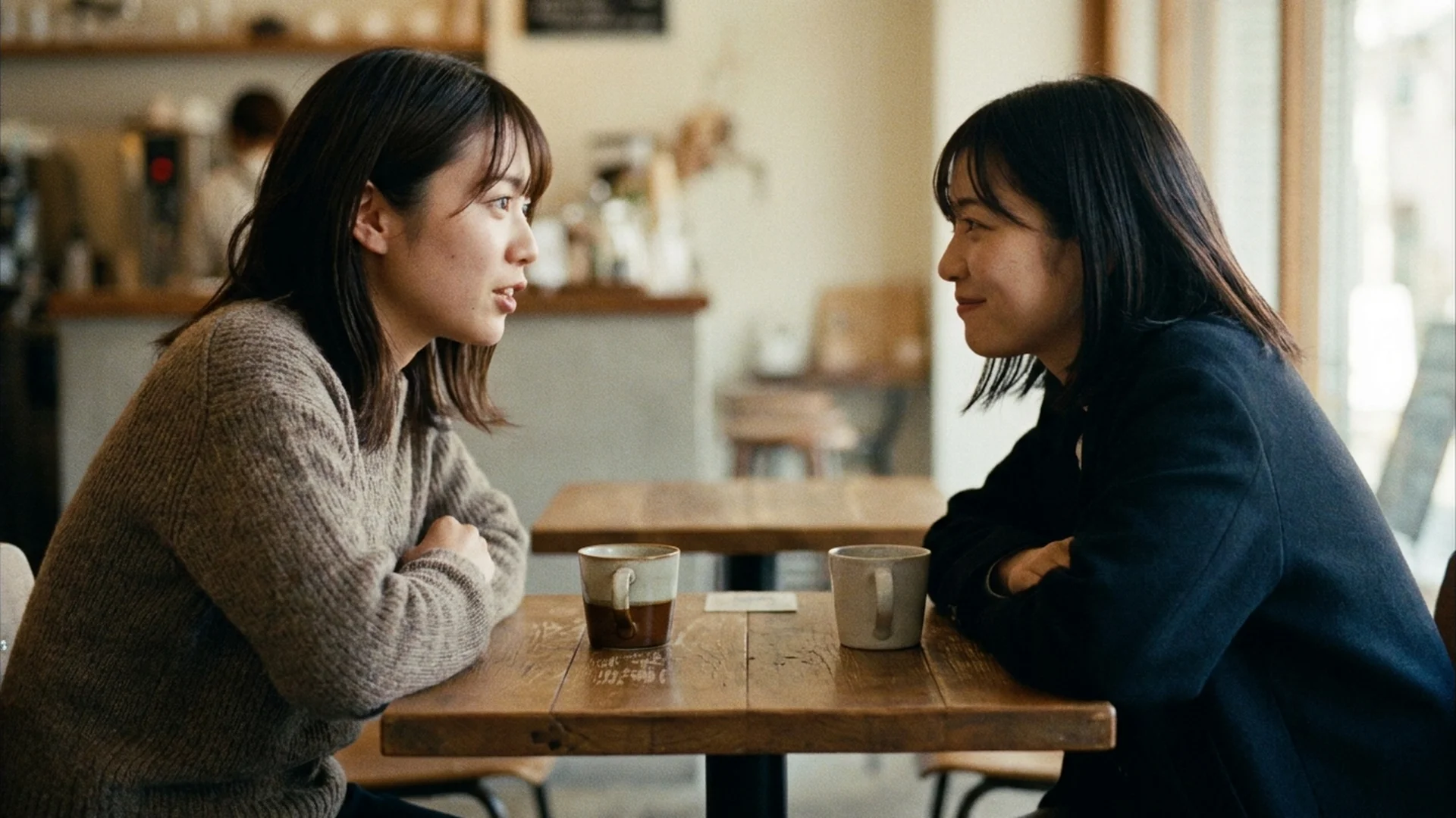 Two Japanese women talking at a cafe table, one listening attentively with a smile