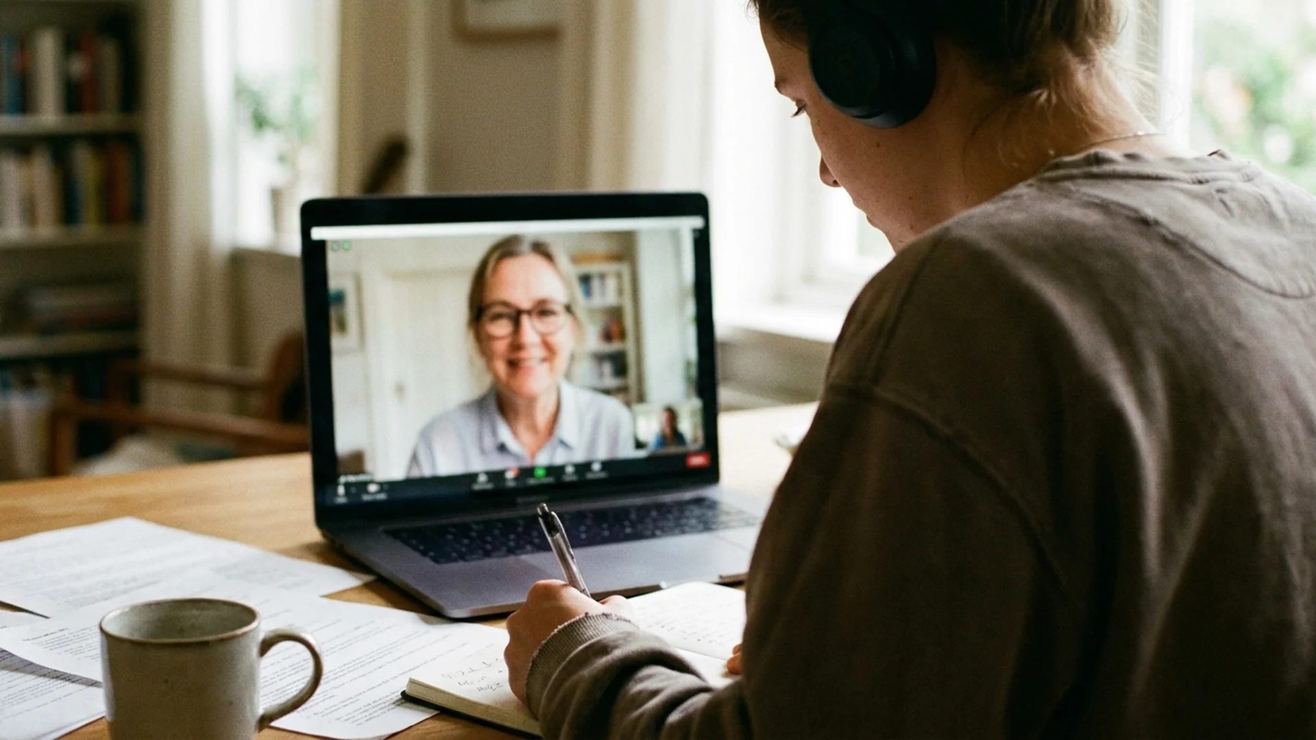 A learner wearing headphones takes notes during a one-on-one online Japanese lesson with a tutor on a laptop video call