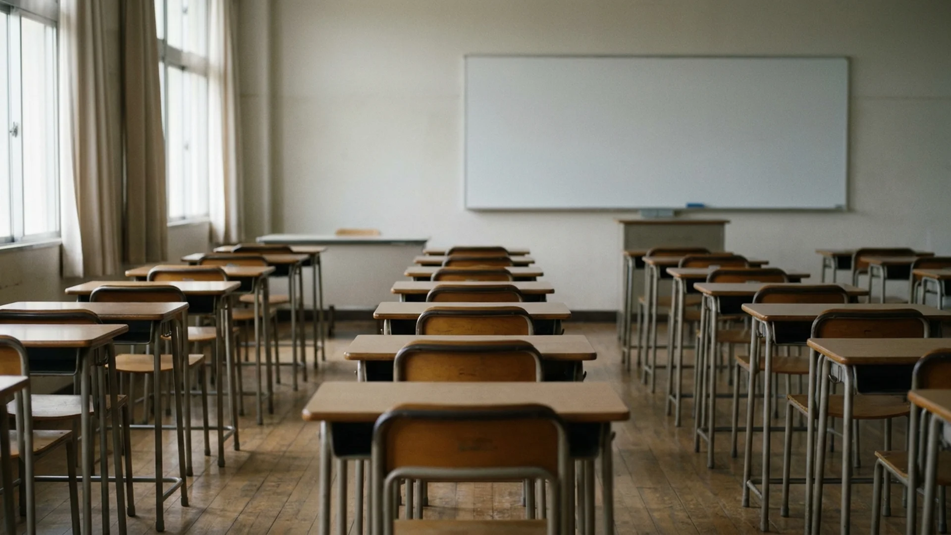 An empty classroom with rows of desks and a blank whiteboard