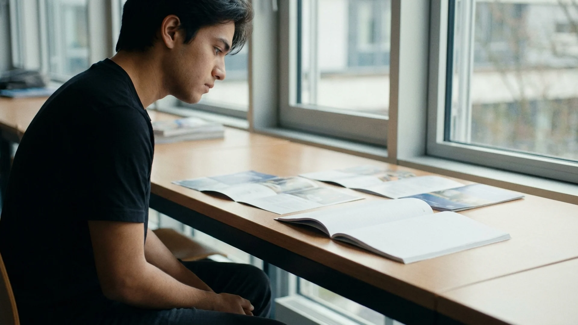 A student reviewing school brochures at a desk by a window
