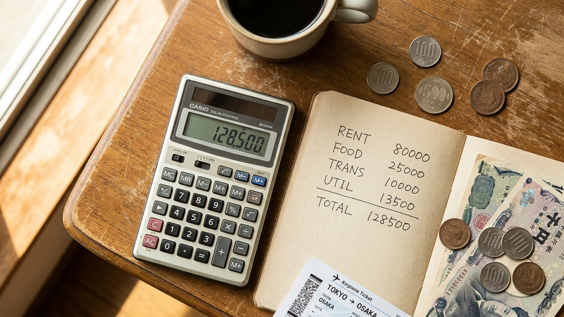 A calculator, a handwritten budget notebook, yen coins and banknotes, and a plane ticket laid out on a wooden desk