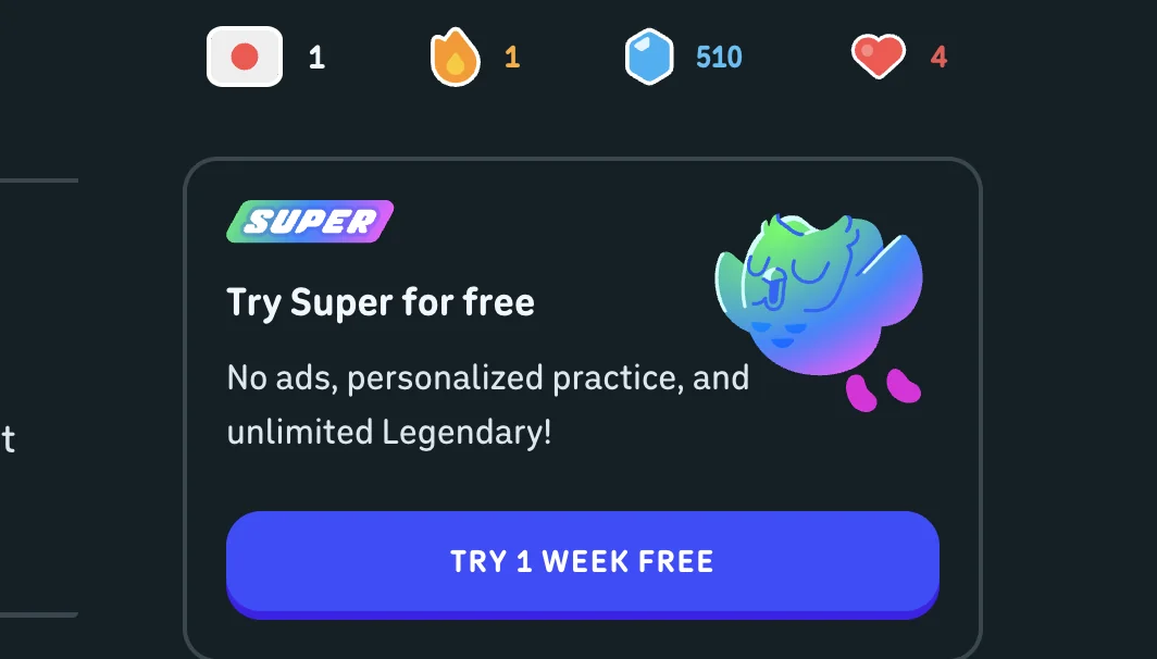 Duolingo Super subscription upsell screen