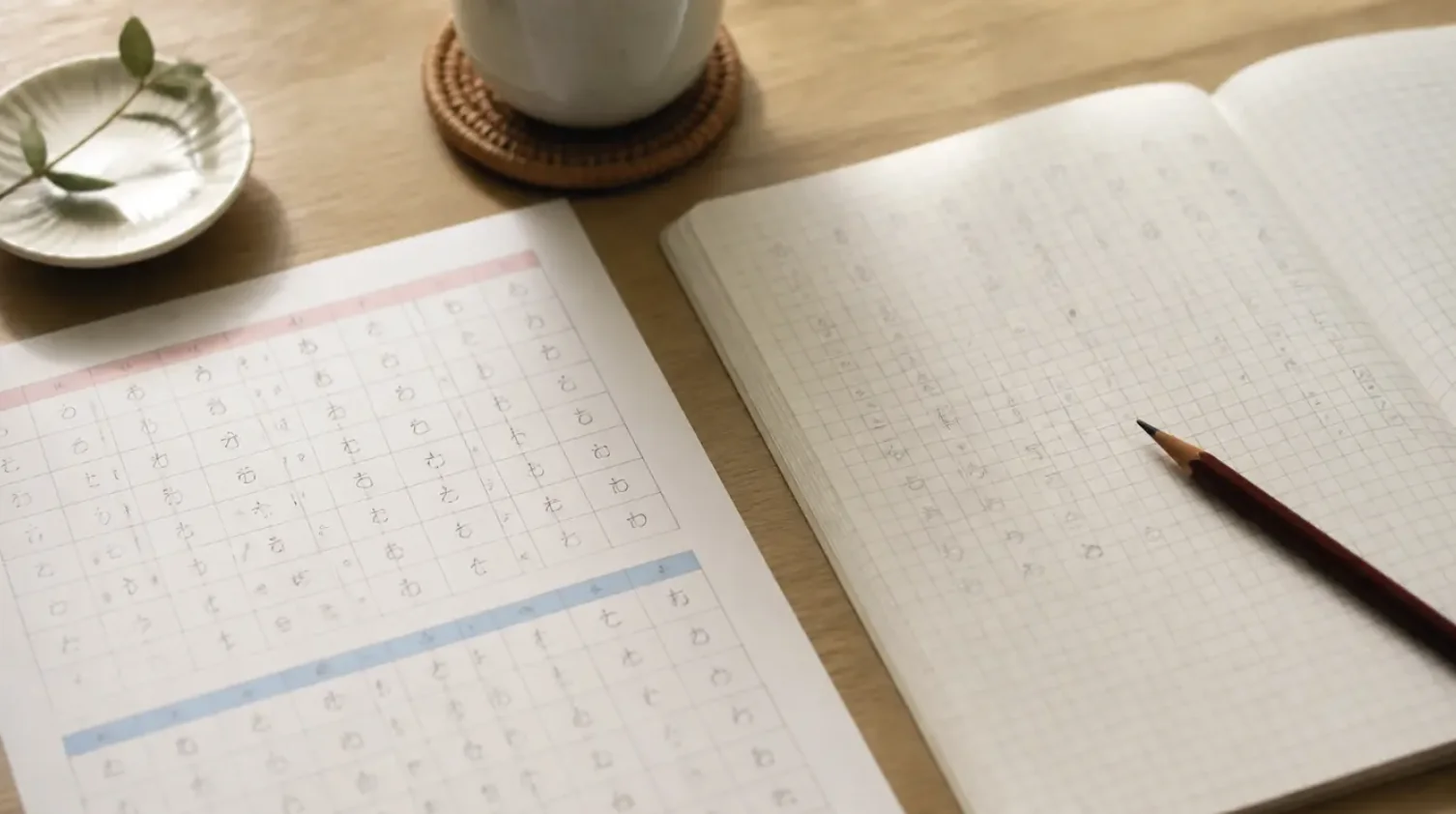 Flat-lay of a hiragana and katakana practice chart with notebook and pen