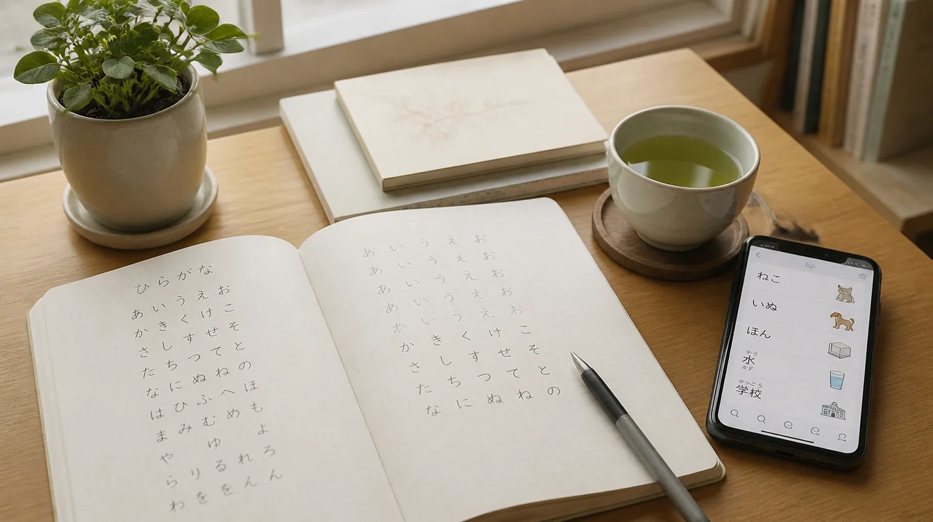 Japanese study desk with notebook and phone showing a learning app