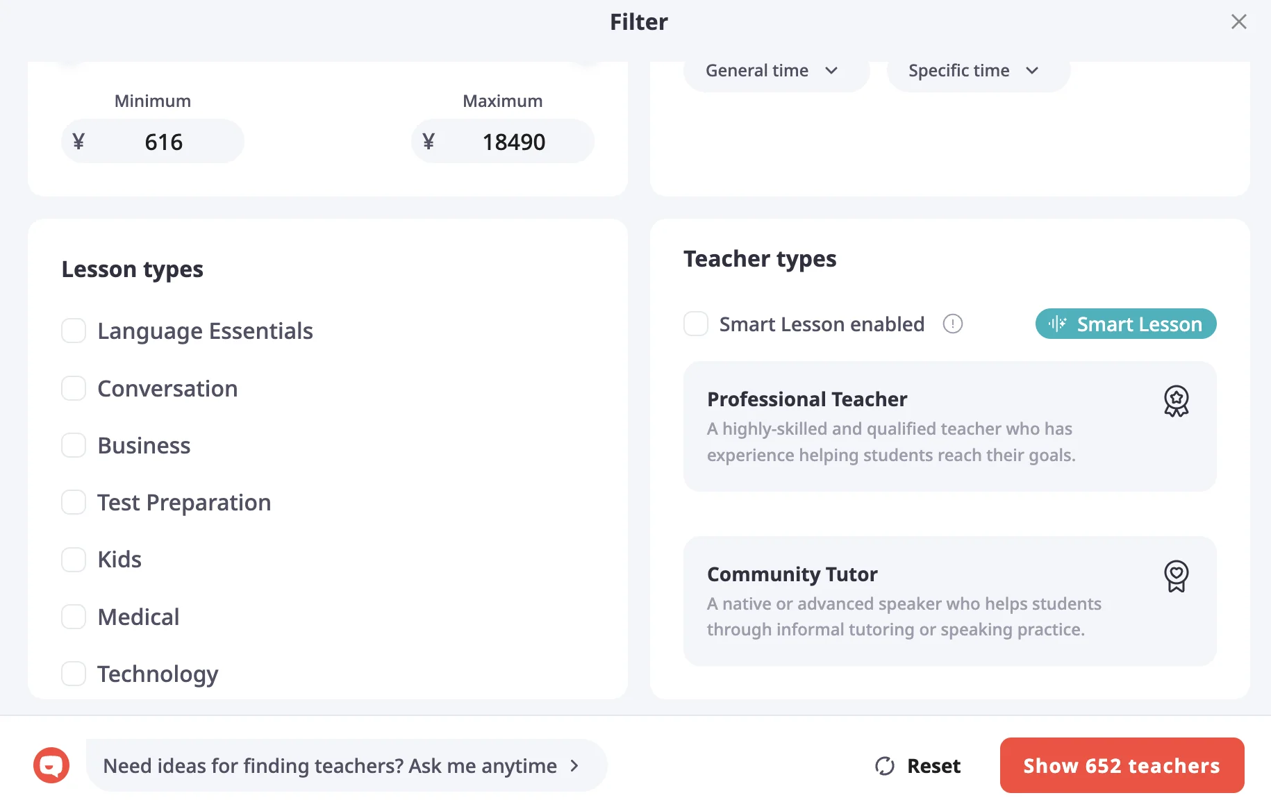 italki's filter showing Professional Teacher and Community Tutor options