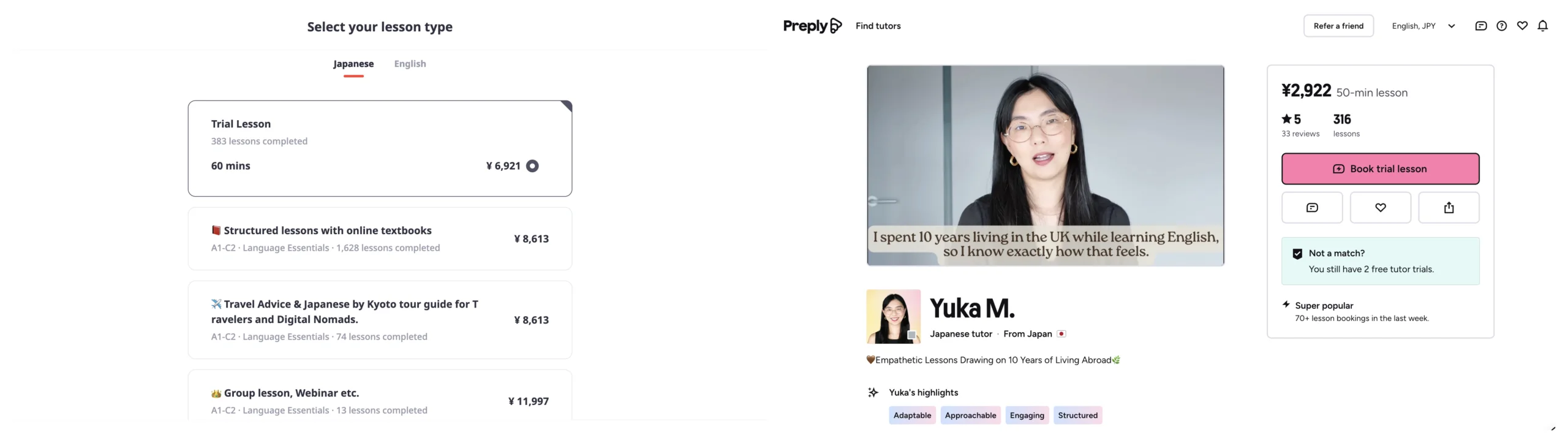 Side-by-side comparison of italki's lesson booking screen and a Preply tutor profile