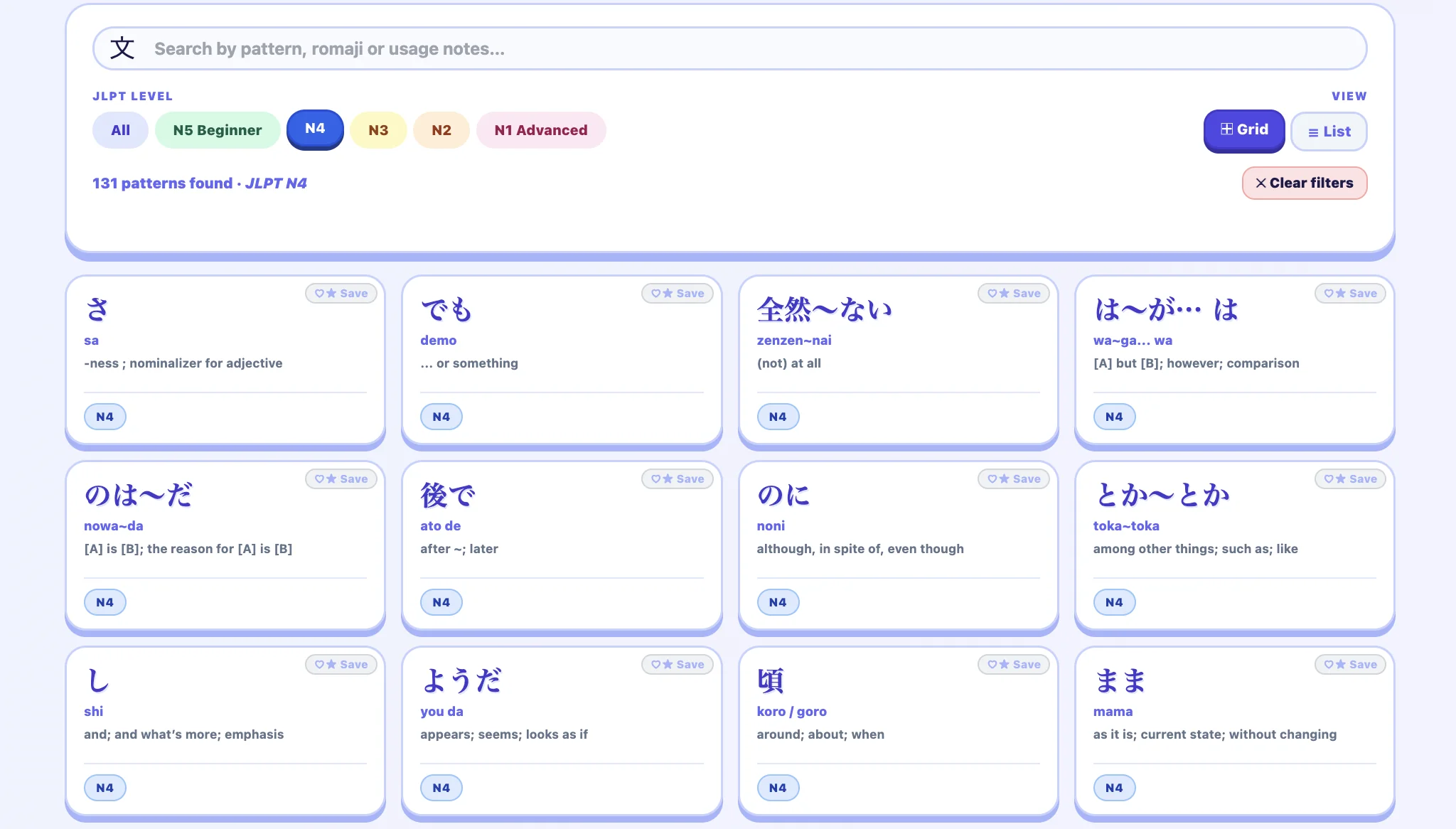 Nihoner's grammar page filtered to JLPT N4, showing a grid of N4 grammar pattern cards