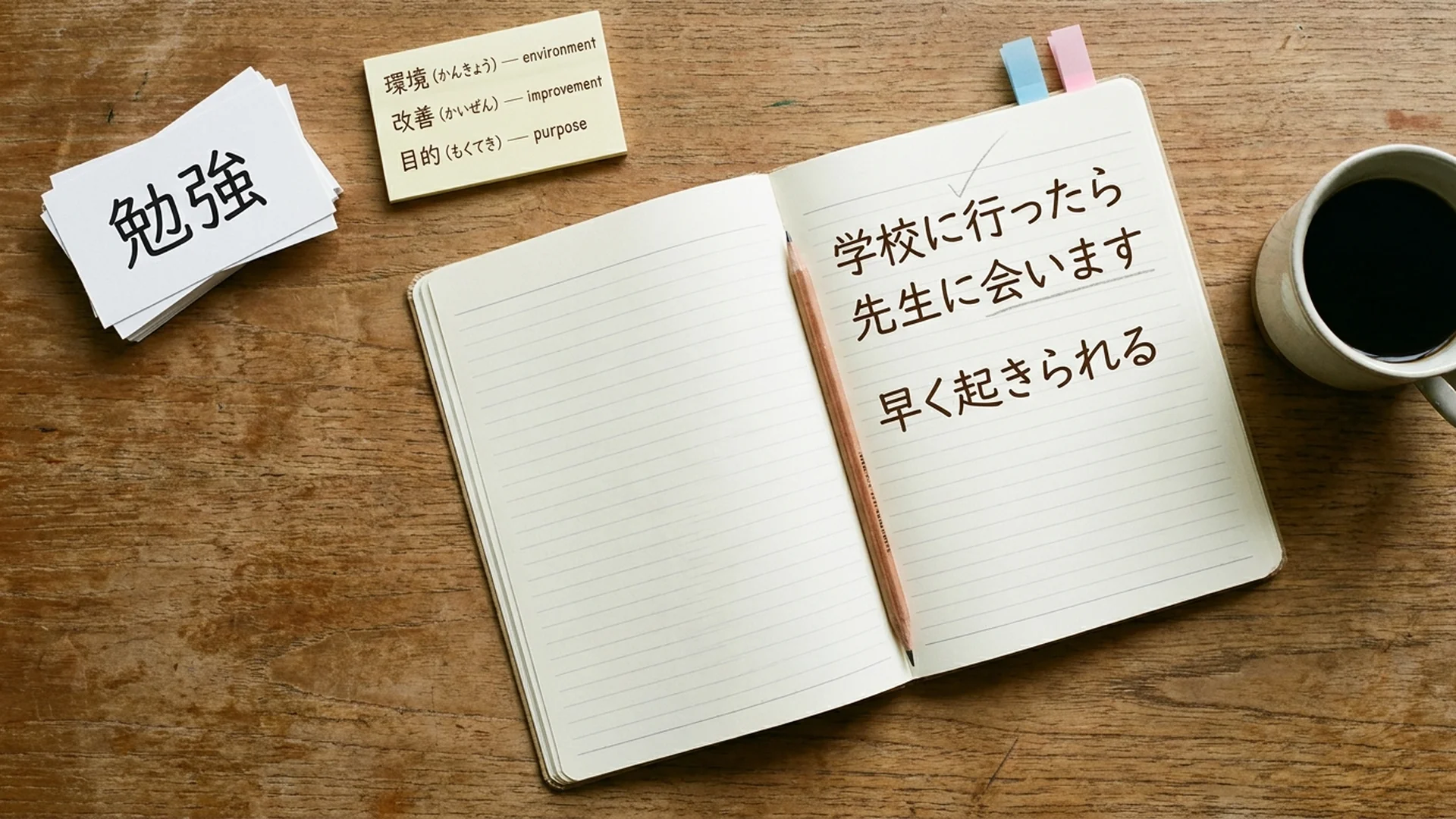 A flat-lay of intermediate JLPT N4 study materials: a notebook with te-form and conditional grammar practice, a kanji compound-word flashcard, and a vocabulary sticky note