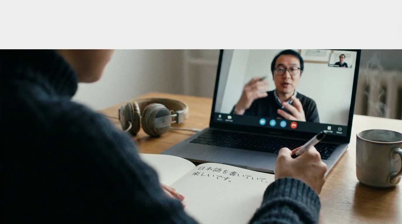 A person on a video call tutor lesson, writing a Japanese sentence using te-form in a notebook