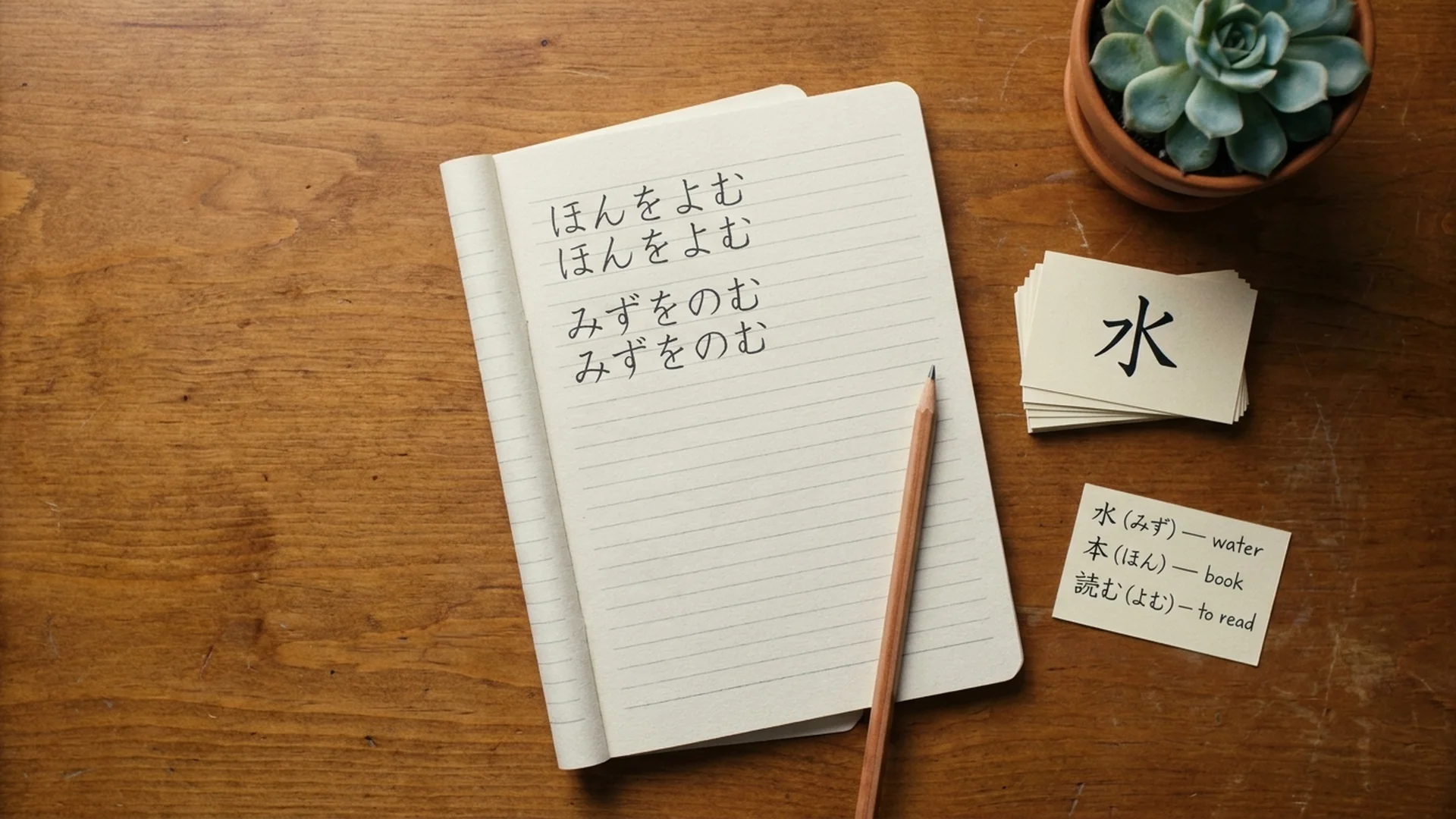 Flat-lay of JLPT N5 study materials: grammar notebook, kanji flashcards, and vocabulary list