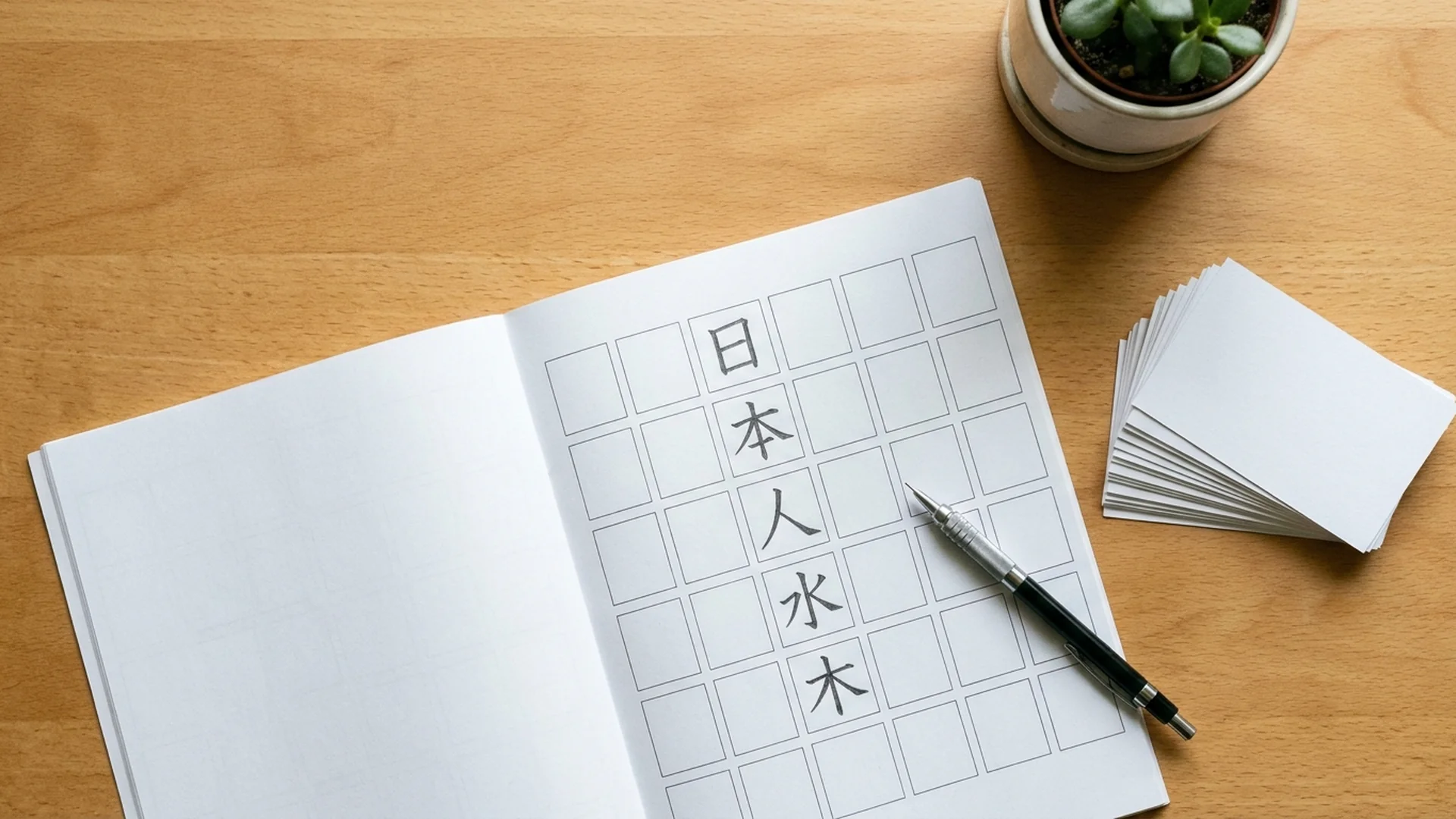 An open kanji practice workbook with grid squares, a pencil, and blank flashcards on a wooden desk