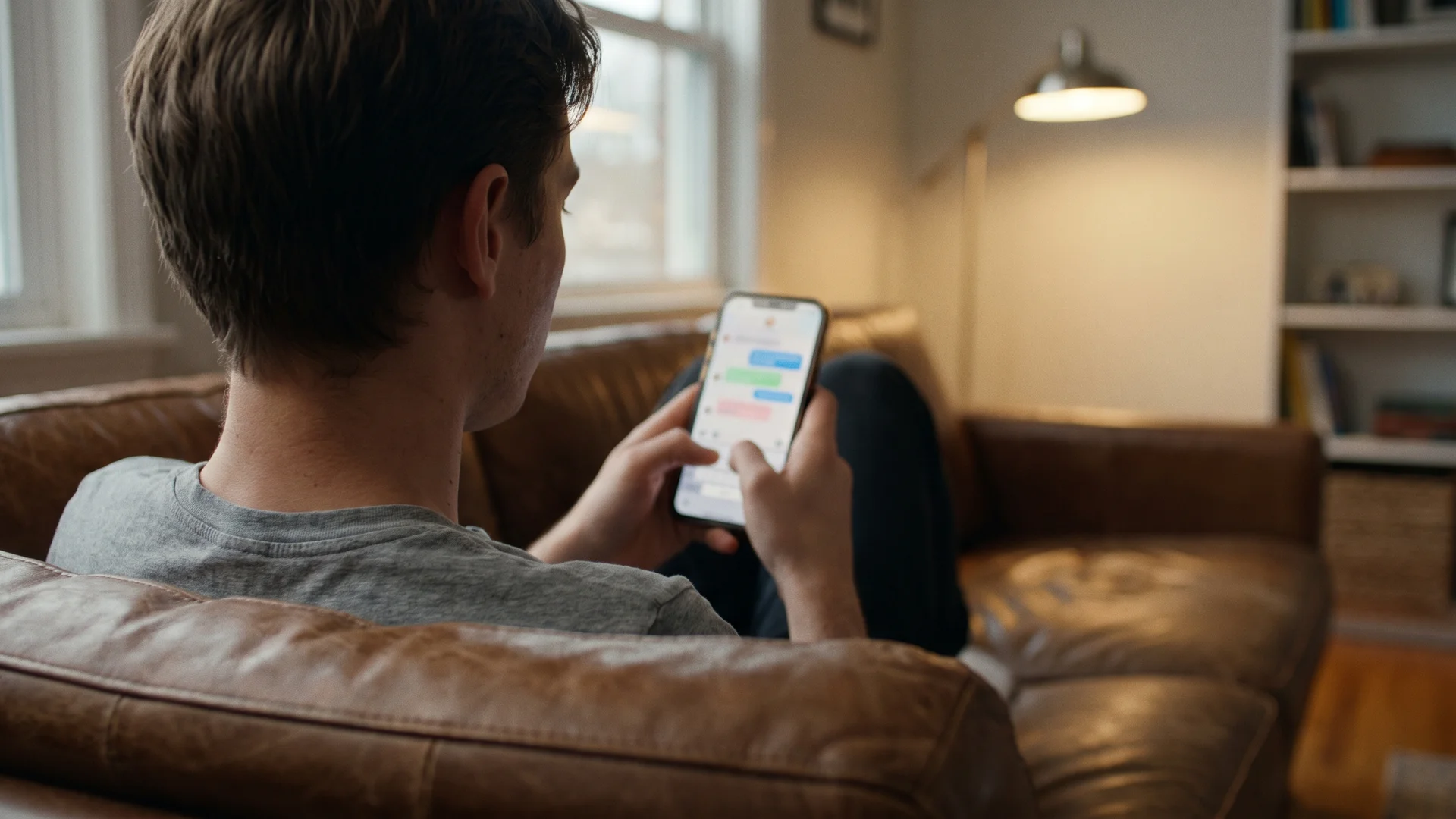 A person sitting on a couch reading and typing a text message on a smartphone, seen from behind over the shoulder