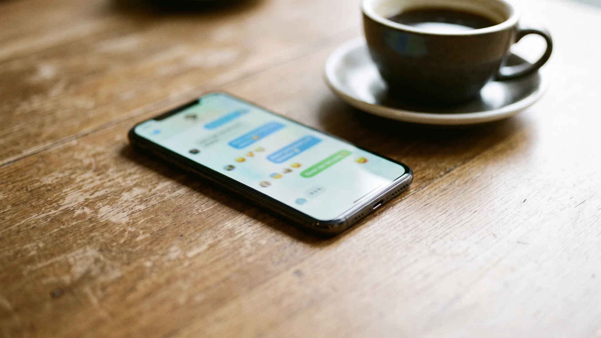 A smartphone lying on a cafe table showing a blurred messaging app chat, with a cup of coffee and saucer nearby