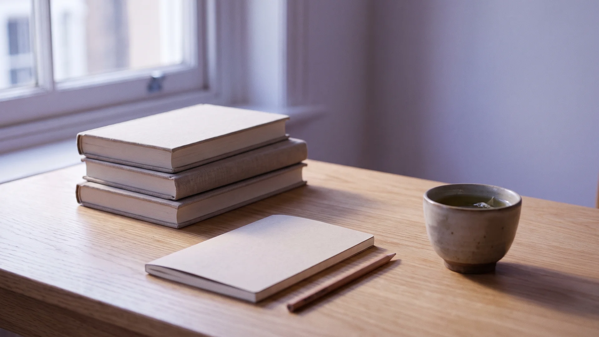 A stack of plain hardcover books beside a notebook, a pencil and a cup of green tea on a wooden desk by a window