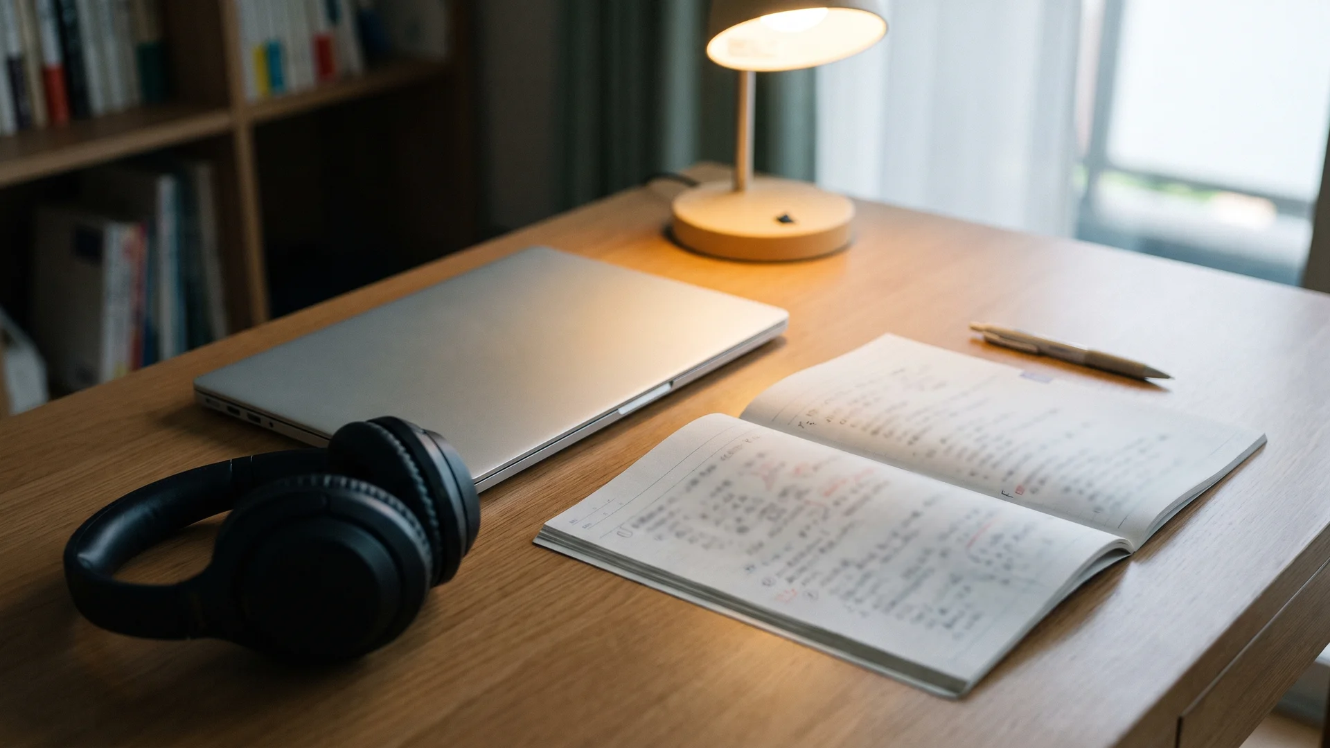 A study desk with a closed laptop, over-ear headphones, an open notebook of handwritten notes and a desk lamp
