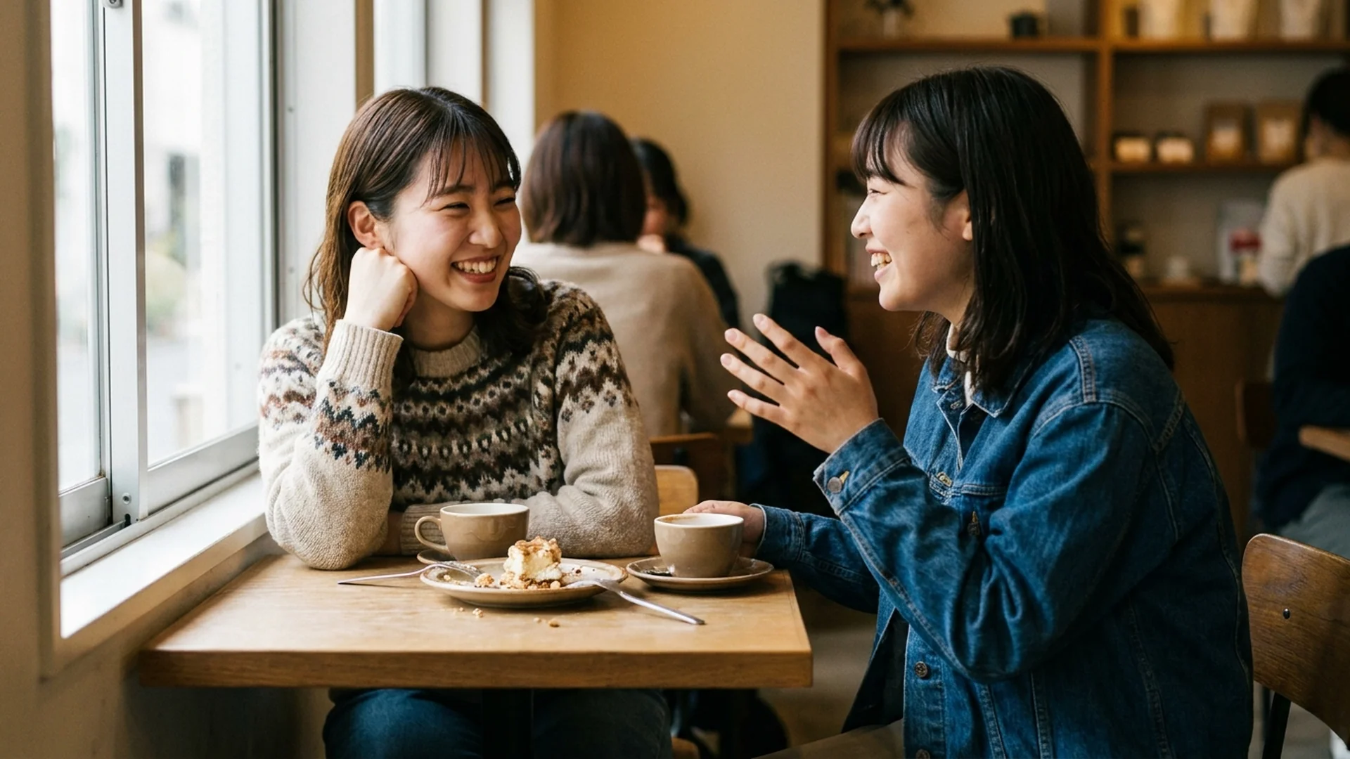 Two friends laughing and talking over coffee and cake at a cafe table by a window