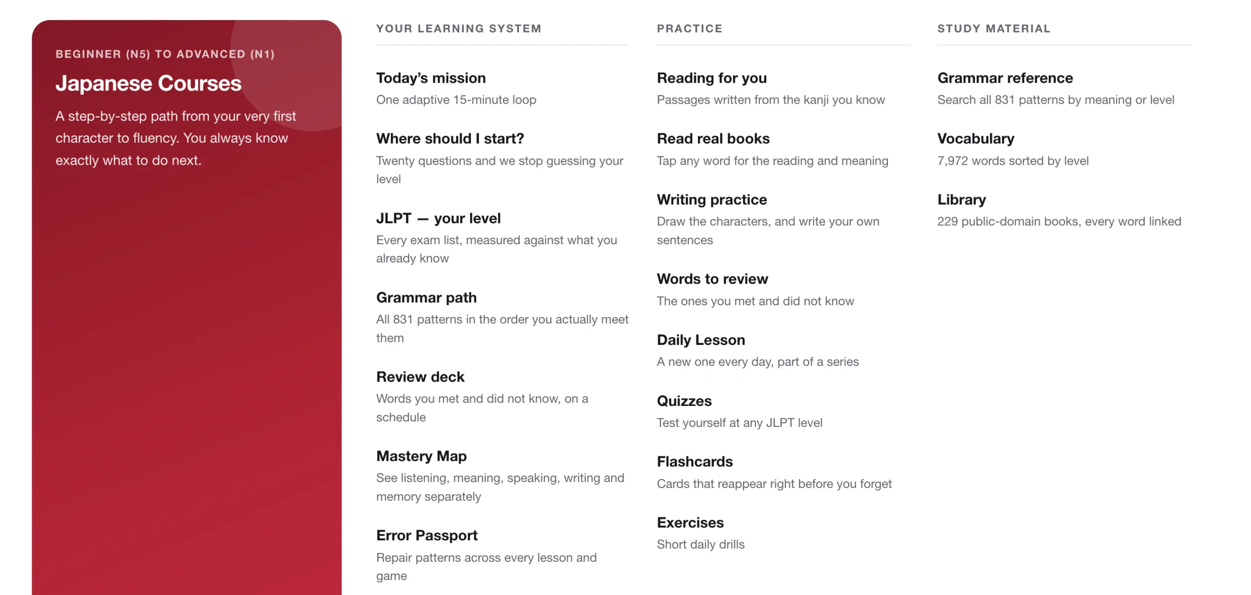 Nihoner's course and lesson listing page