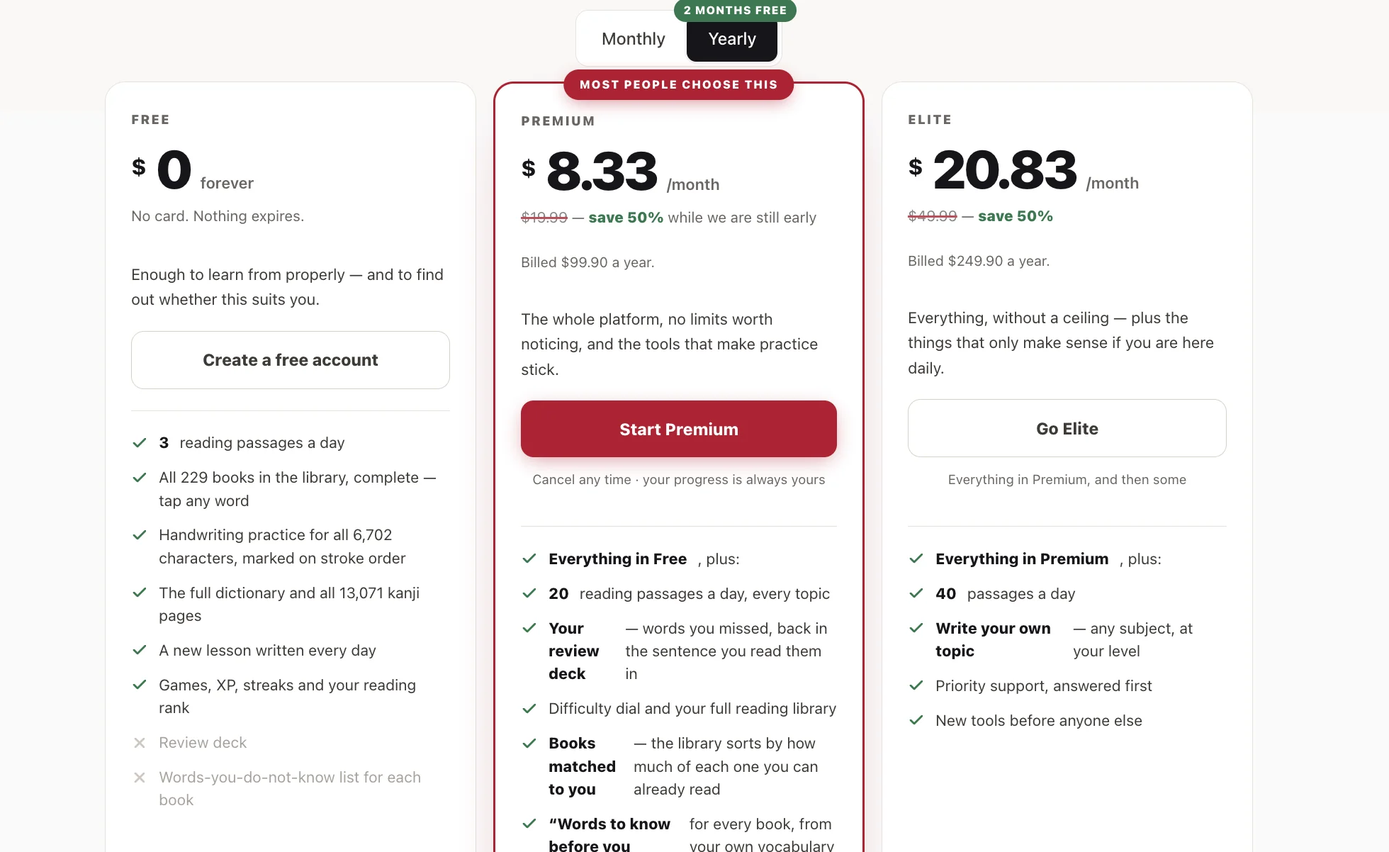 Nihoner's Free, Premium, and Elite pricing plans compared
