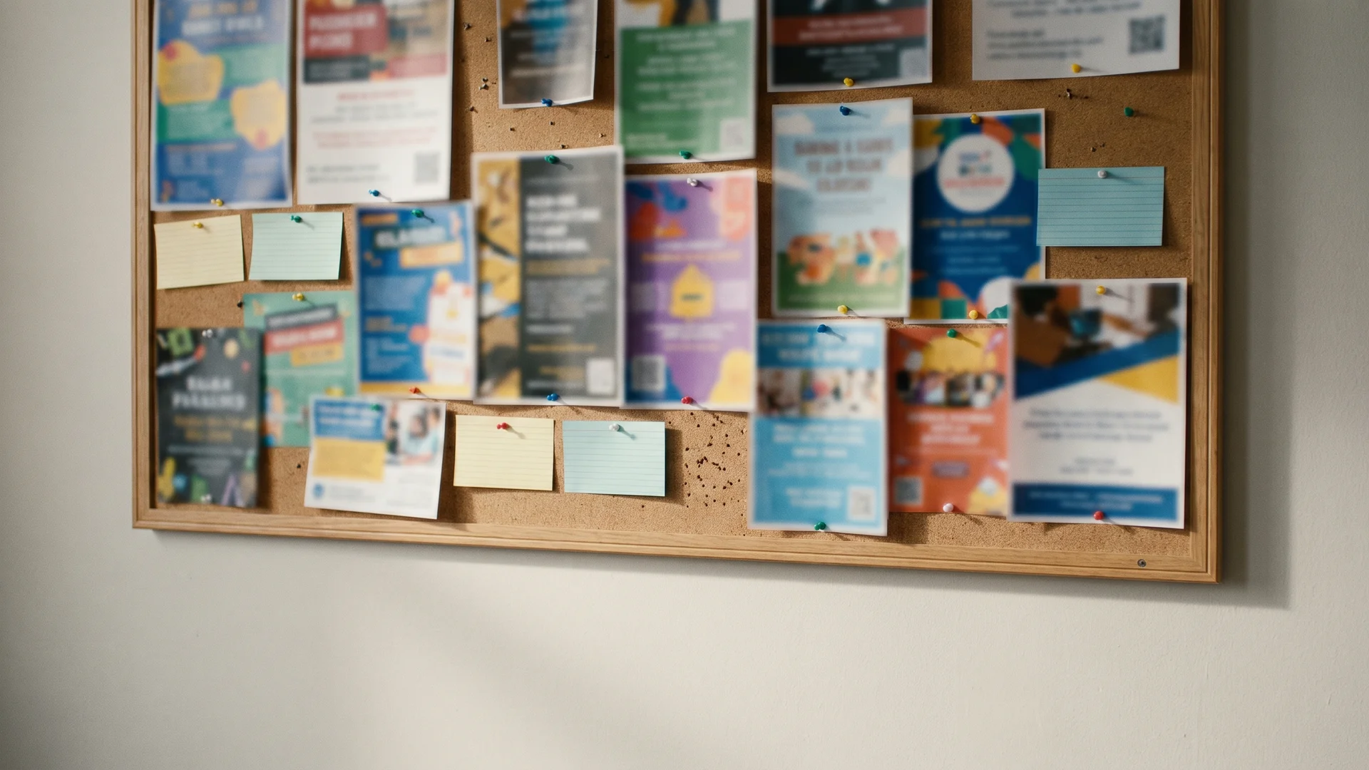 A cork bulletin board in a school corridor covered with colorful paper flyers and index cards pinned in a loose grid