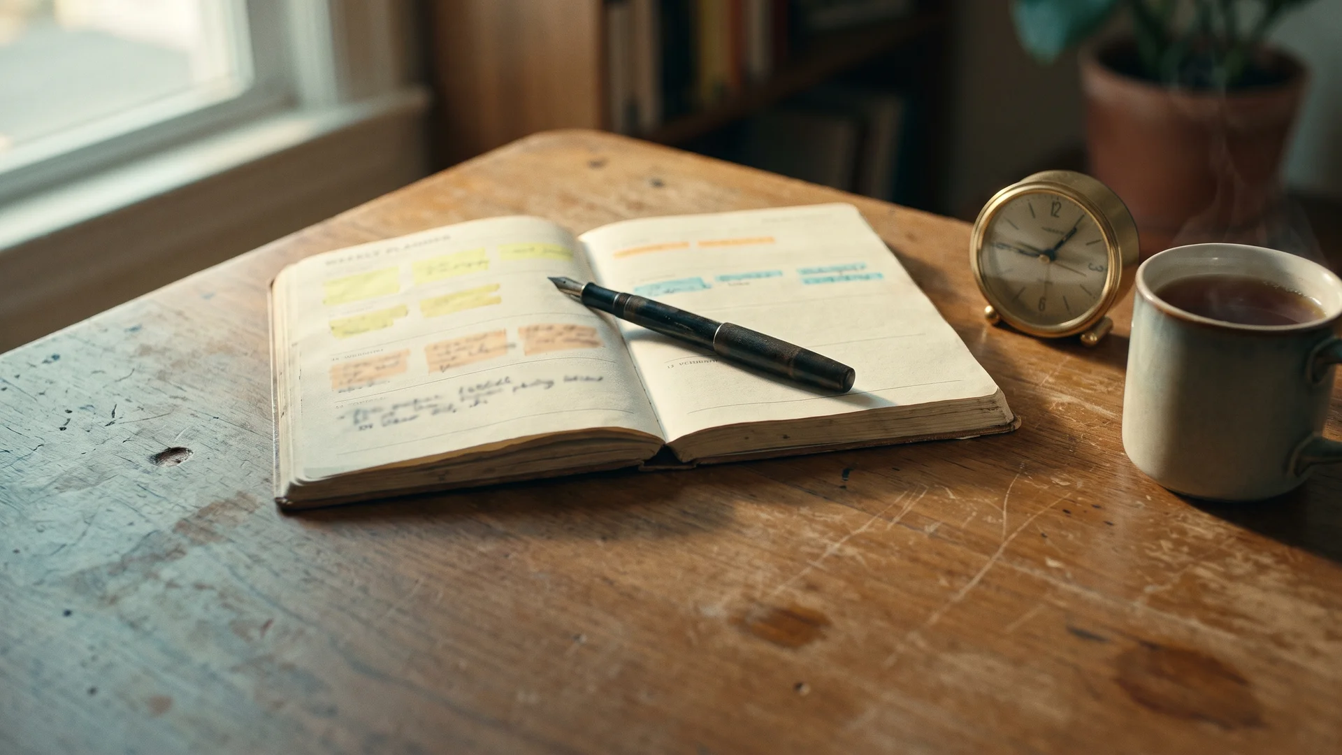 An open paper weekly planner with highlighted time blocks, a pen, a small analog clock and a cup of tea on a wooden desk