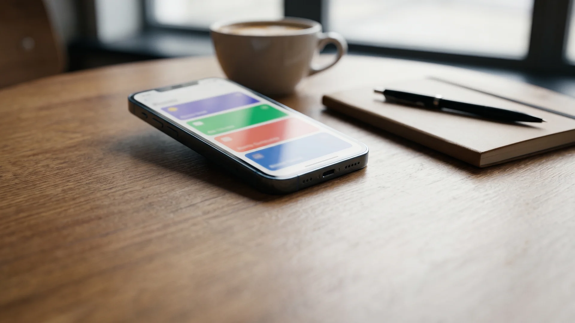A smartphone on a wooden cafe table showing a blurred list of colorful cards, next to a notebook, a pen and a coffee cup