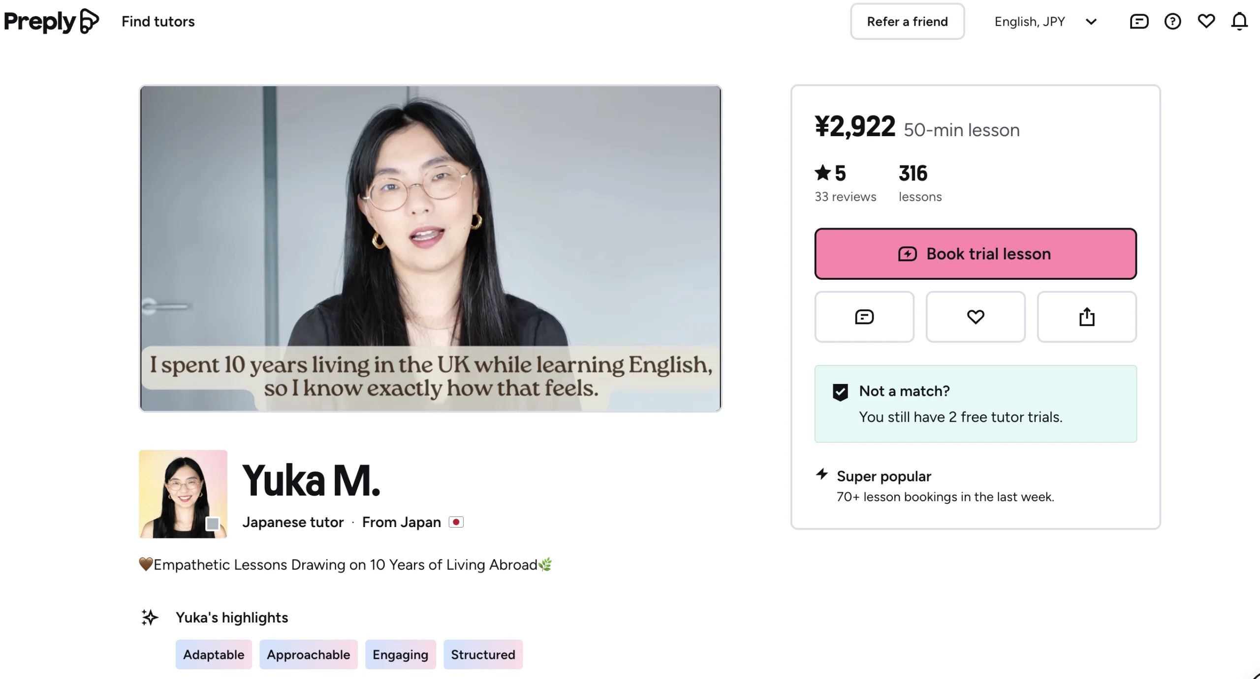 A Preply tutor profile showing price, rating, and booking button