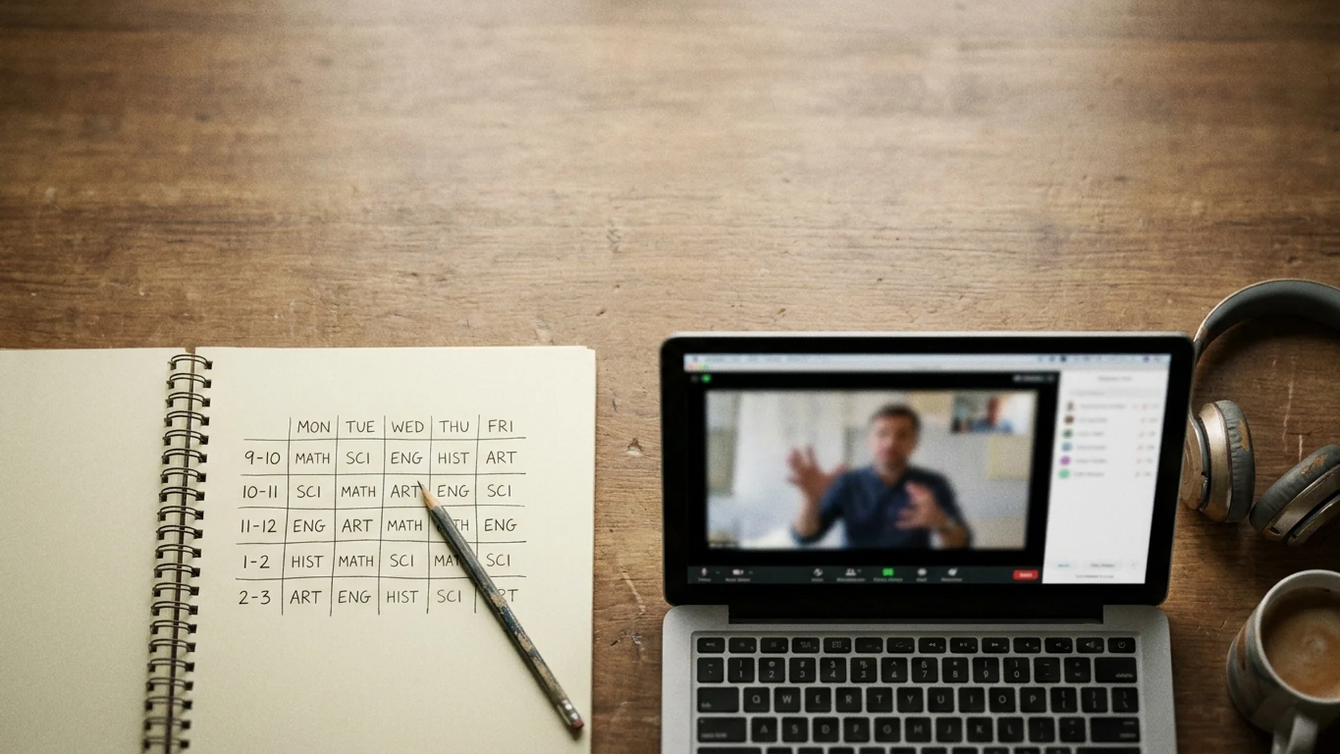 A study desk split between a handwritten weekly timetable in a notebook and a laptop showing a video call tutoring session