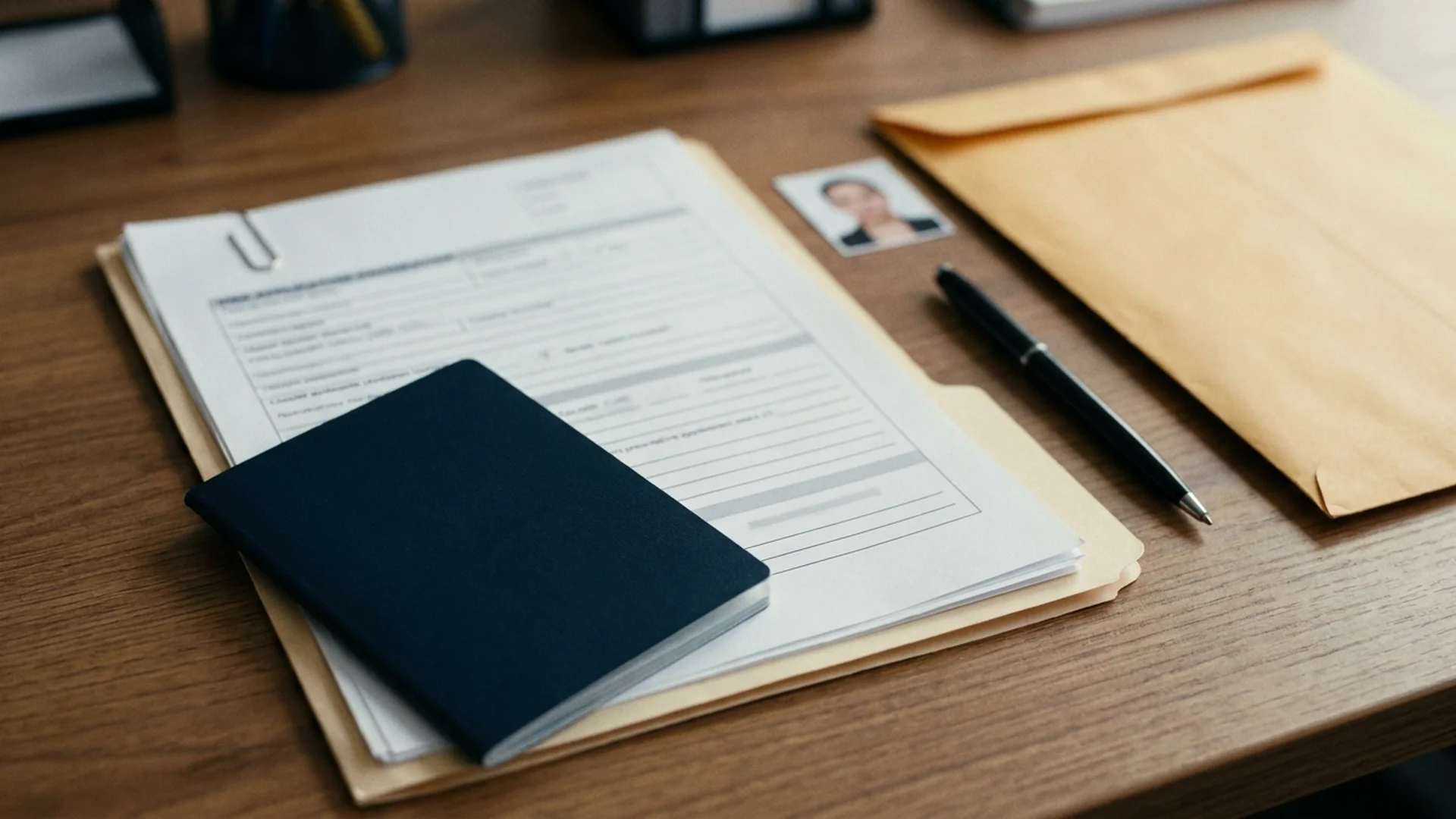 A passport, a folder of application forms, a passport photo, a pen and an envelope arranged on a wooden desk