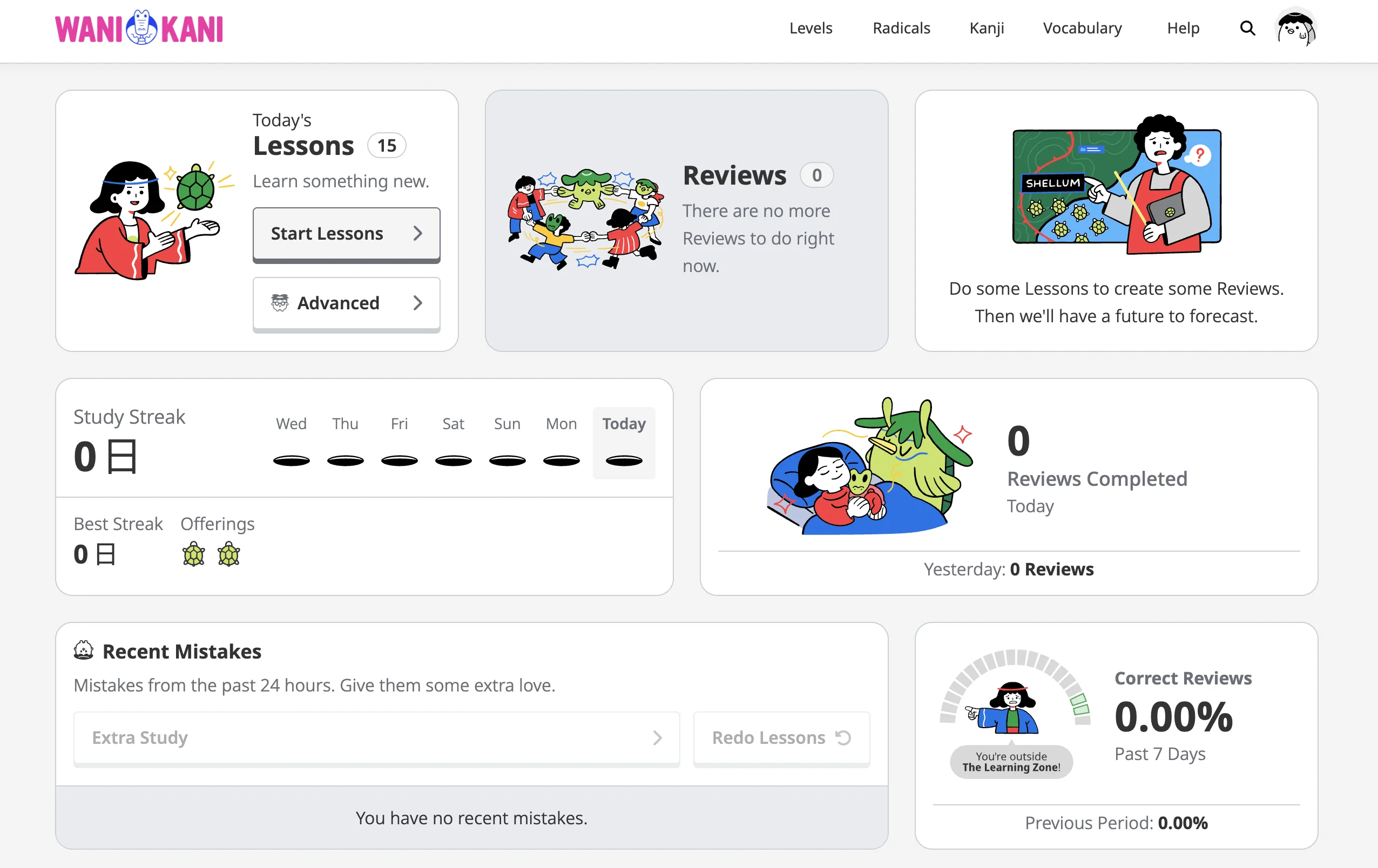 WaniKani dashboard showing lessons, reviews, and study streak