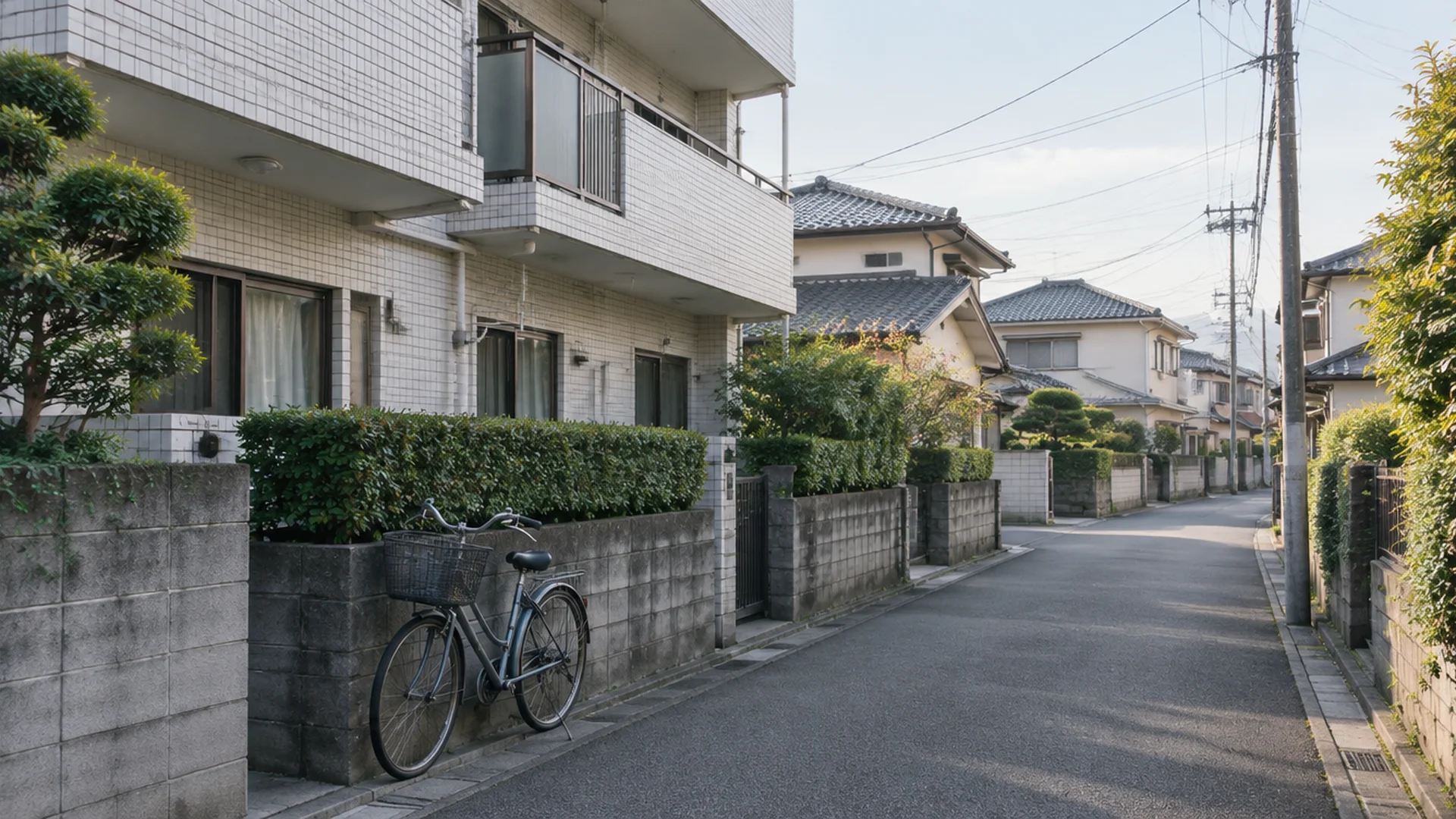 A quiet residential street in Japan with a bicycle parked beside an apartment building