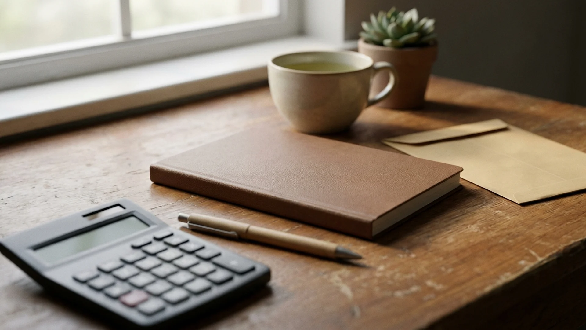 A notebook, calculator, envelope and cup of green tea on a wooden desk by a window