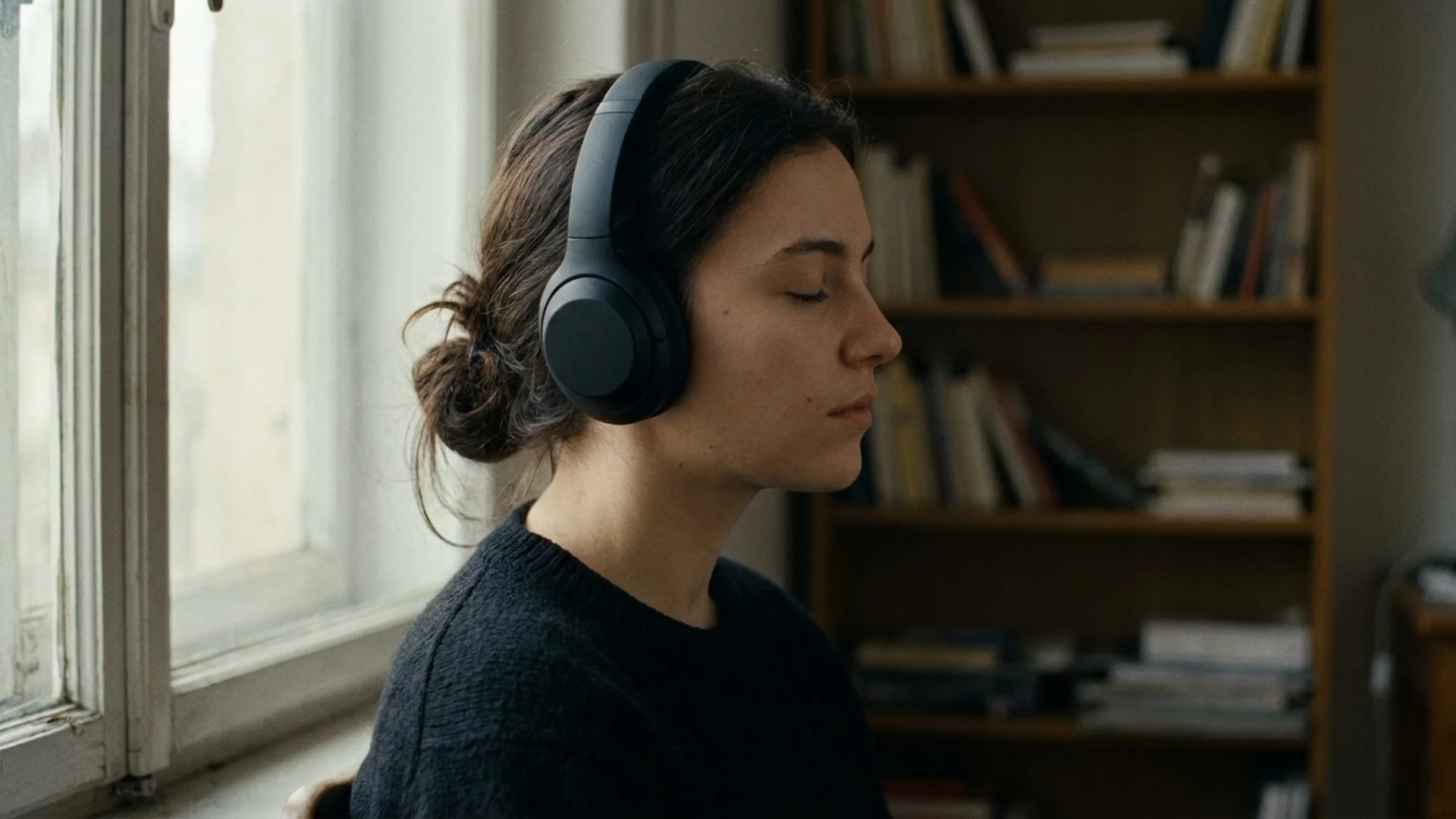 A woman listening with over-ear headphones by a window, eyes closed in concentration