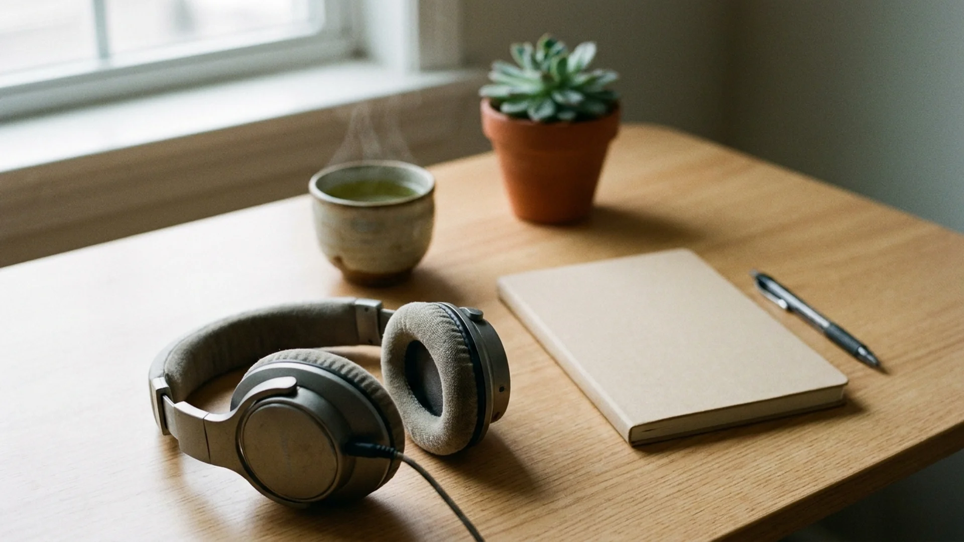 Headphones, a notebook and a cup of green tea on a wooden desk by a window