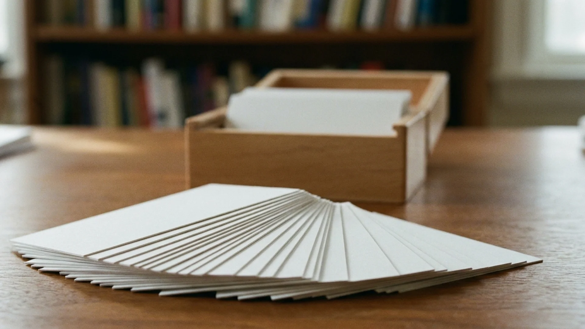 A fan of blank flashcards in front of a wooden card box