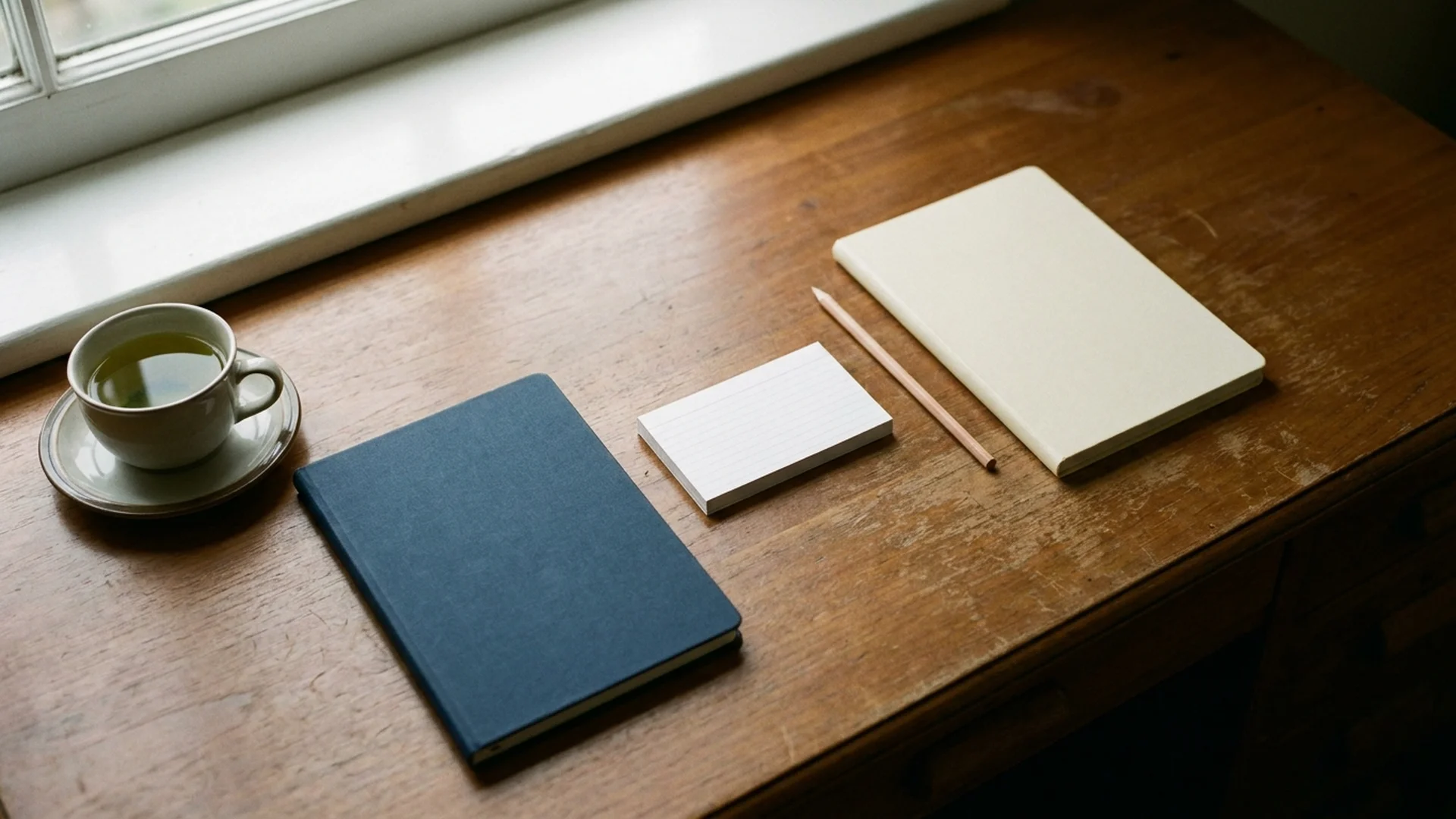 Two notebooks, a stack of index cards and a cup of tea on a wooden desk